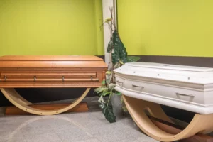 Cercueils en bois et en métal blanc exposés sur des supports modernes.